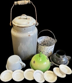 12 Piece Early Granite Ware Enamel Lot Berry Bucket, Cream Can, Funnel, Cup & 6 Ramekin