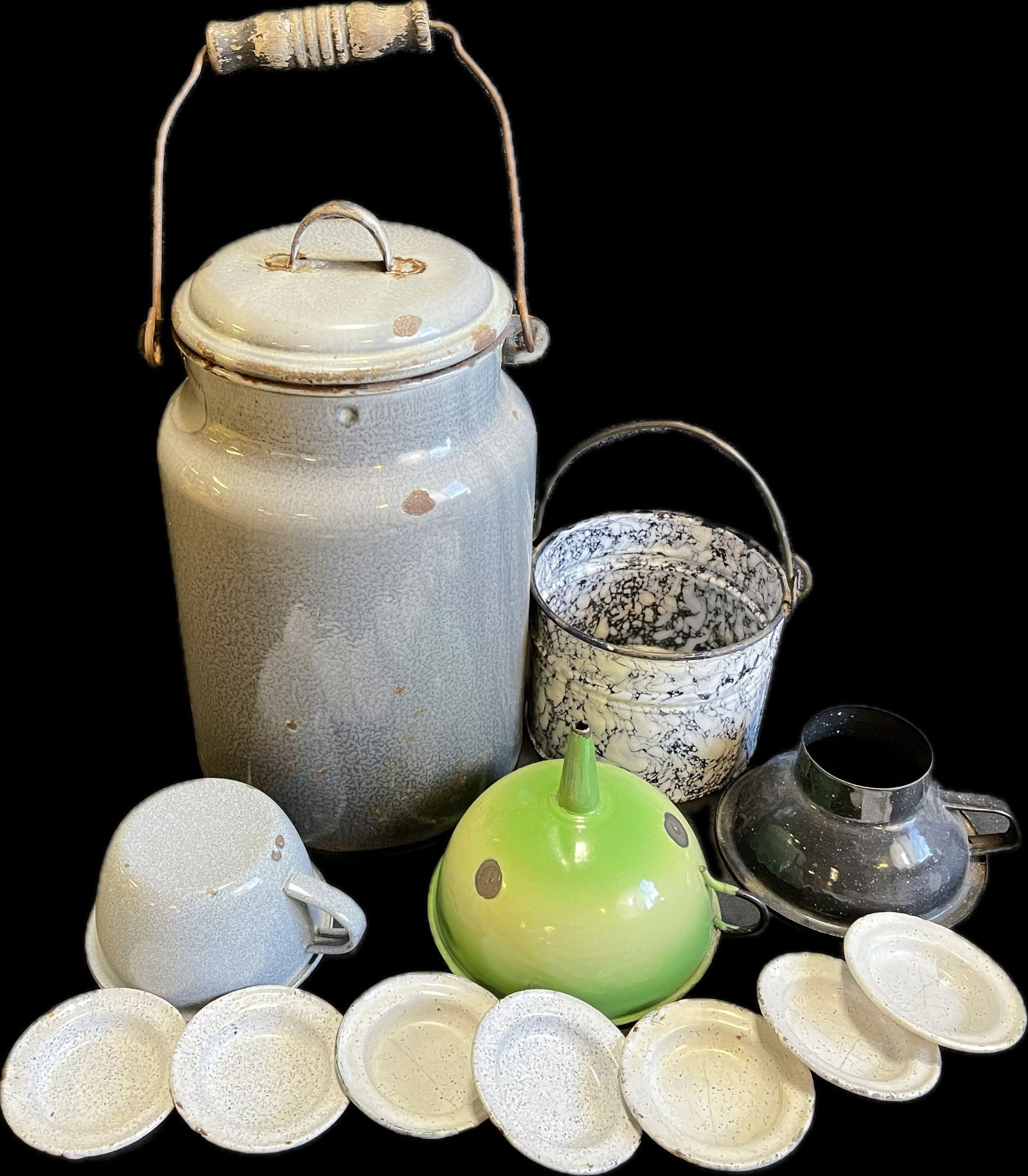 12 Piece Early Granite Ware Enamel Lot Berry Bucket, Cream Can, Funnel, Cup & 6 Ramekin (1 of 20)