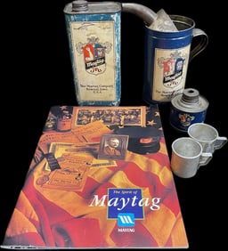 Lot 6 Maytag Items:  Quart Can, Oiler, Mixing Cup, Fuel Mixing Can & Brochure