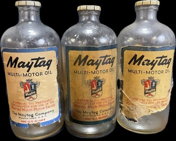 3 Early 1900s Glass & Paper Label Quart Multi Motor Oil Cans w/ Caps
