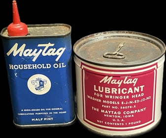 Pair Maytag Advertising Items: NOS 1 Lb Maytag Lubricant Can w/ Key & Half Pint Oiler