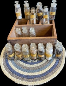Wonderful Primitive Lot: 16 Glass Spice Jars, Wooden Crate & Dresser Mat