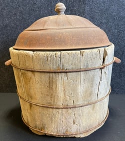 Early Primitive Wooden Bucket w/ Metal Handles & Insulated Embossed Lid