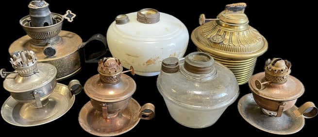 Lot 7 Early Whale Oil Brass & Glass Lamps & Inserts
