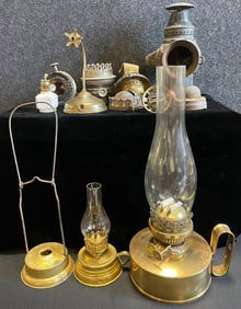 13 Piece Lot Lamp Parts: Adlake, Wall Mount, Dietz, Miller, Sherwood, Improved Crown & More