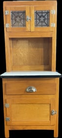 Early 1900s Childrens Hoosier Style Cabinet w/ Star Etched Glass & Enamel Top