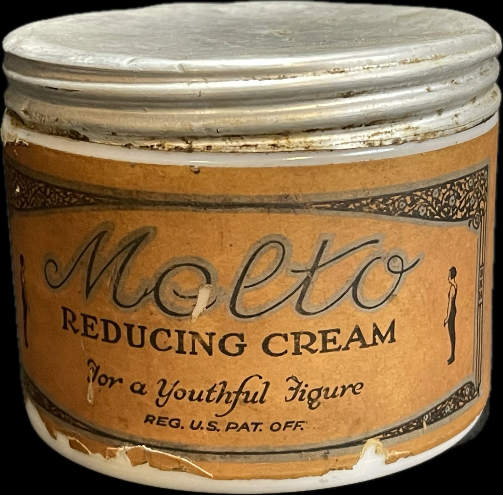 Vintage Melto Reducing Cream Milk Glass Jar Youthful Figure Weight Loss Scam Youngstown Ohio: Great original and scarce can w/ product.