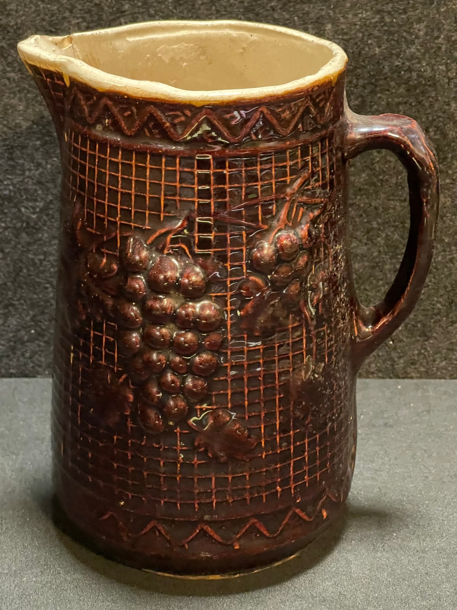 Antique Grape Cluster Embossed Stoneware Pitcher: 5.5" x 9"