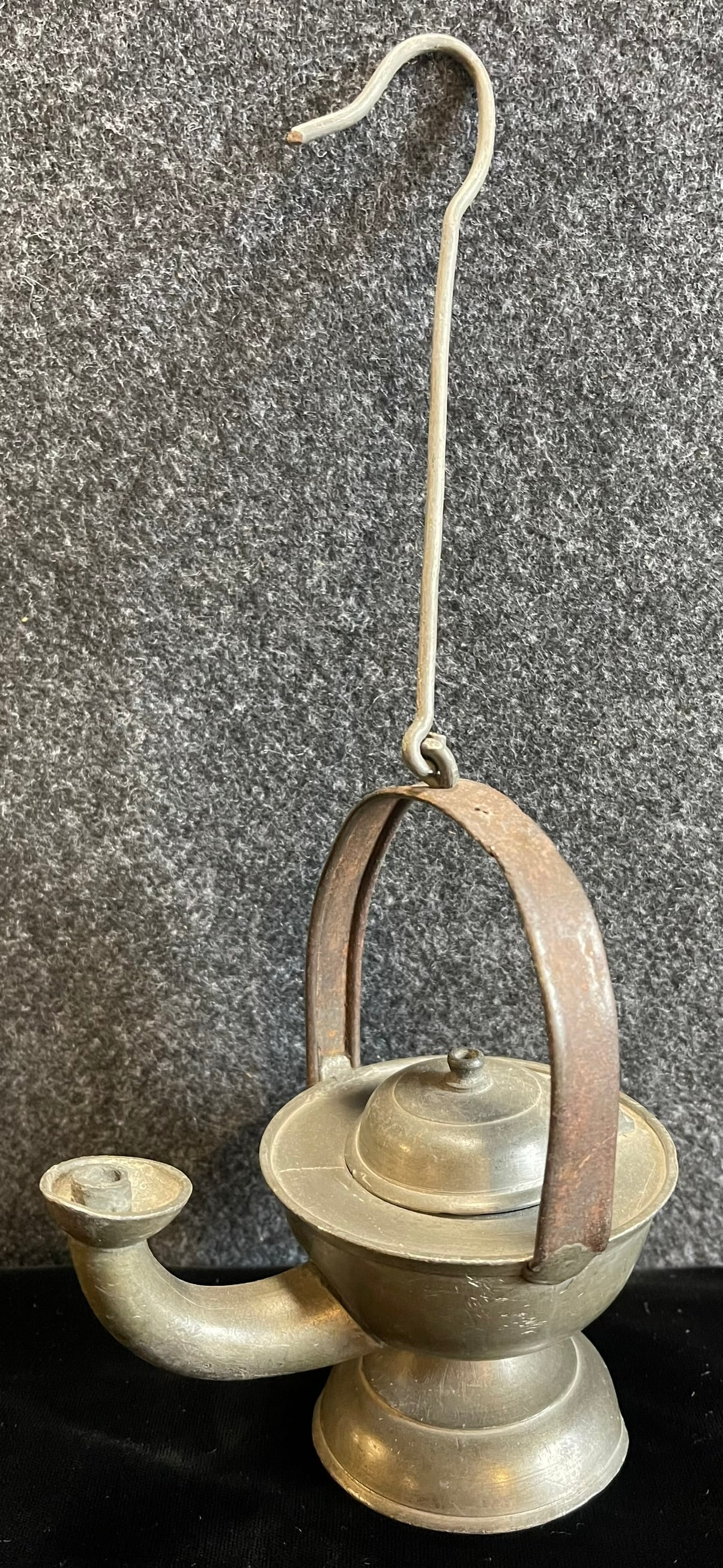 Antique 19th Century Pewter Whale Oil Hanging Candlestick: Great original patina. Overall 3.5" x 5" x 5" (without hanger)