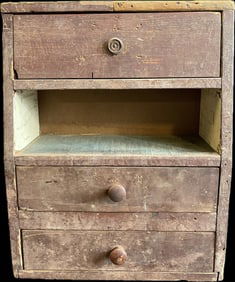 Early 1900s 3 Drawer Primitive Red & Green Painted Tool Cabinet