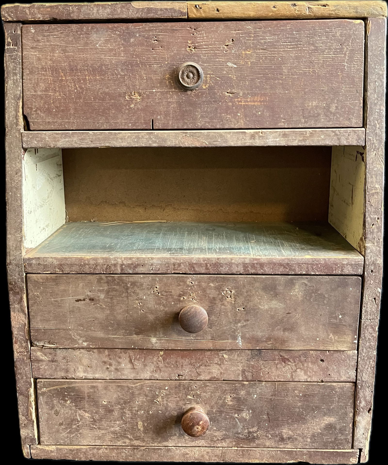 Early 1900s 3 Drawer Primitive Red & Green Painted Tool Cabinet (1 of 9)