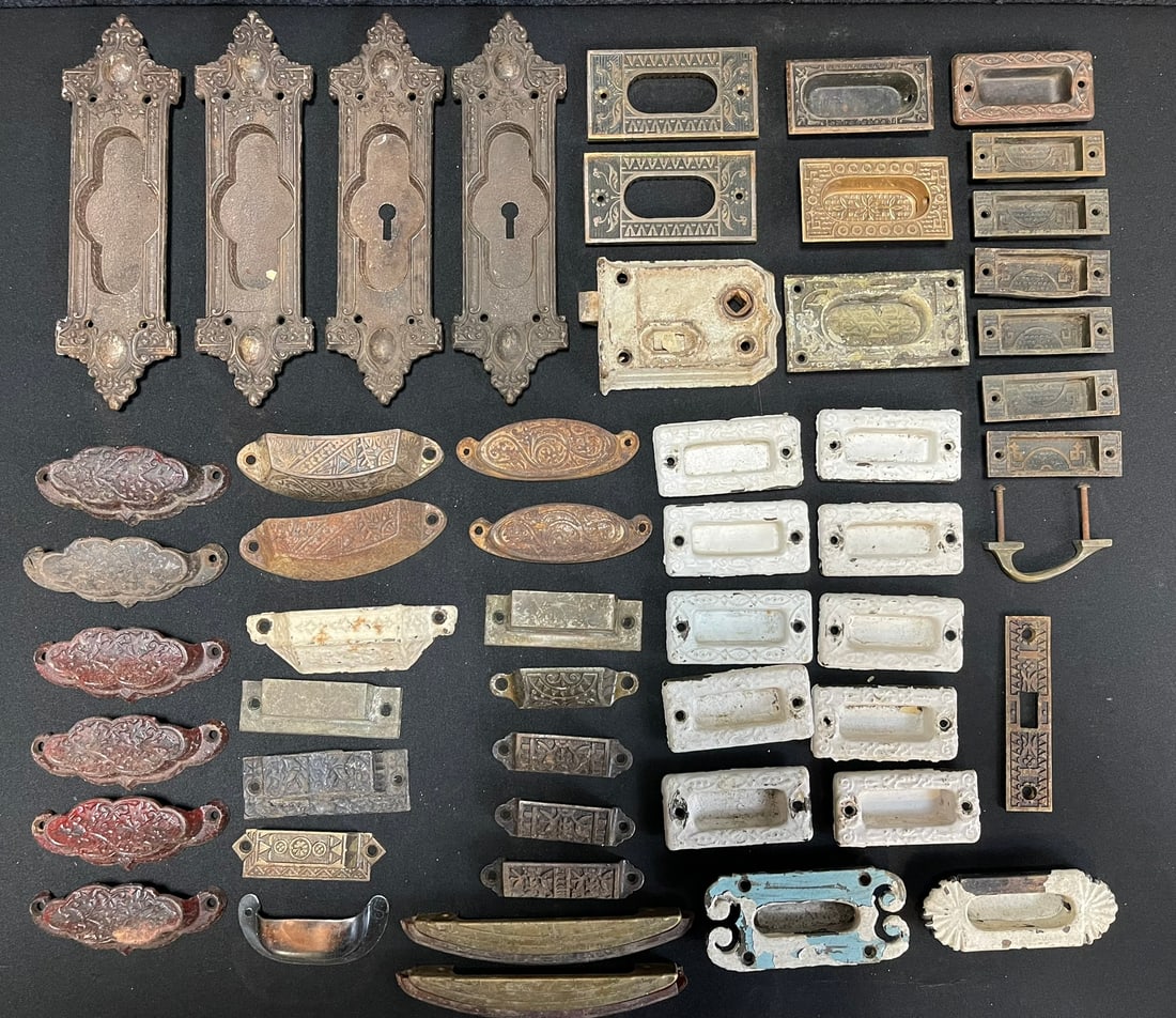 53 Piece Lot Antique Eastlake Victorian Door Plate & Drawer Pulls Fancy & Ornate (1 of 16)