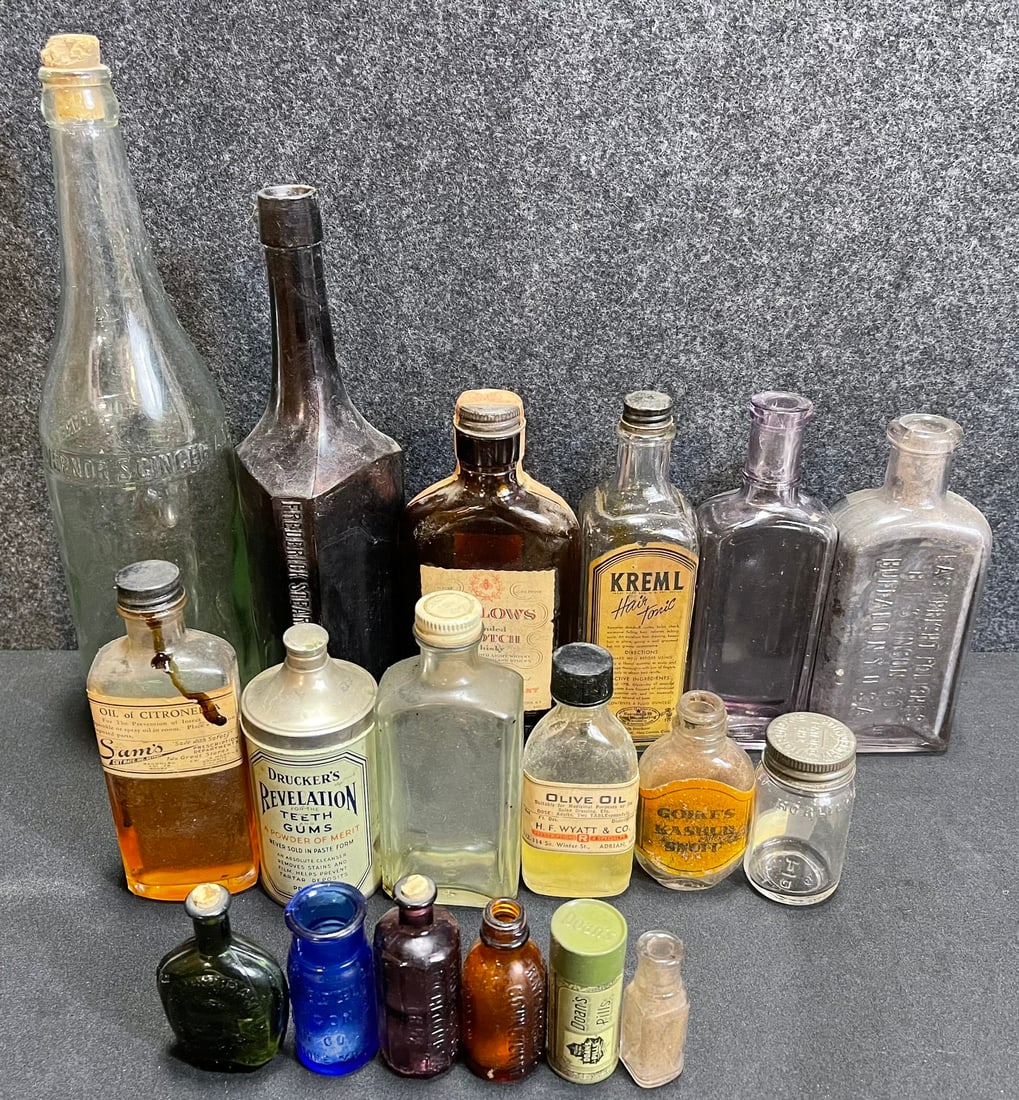 18 Piece Lot Antique Glass Advertising Bottles: Frederick Stearns, Hair Tonic & More (1 of 11)