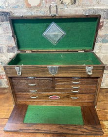 Antique 7 Drawer Craftsman USA Wooden Machinist Toolbox Chest w/ Key