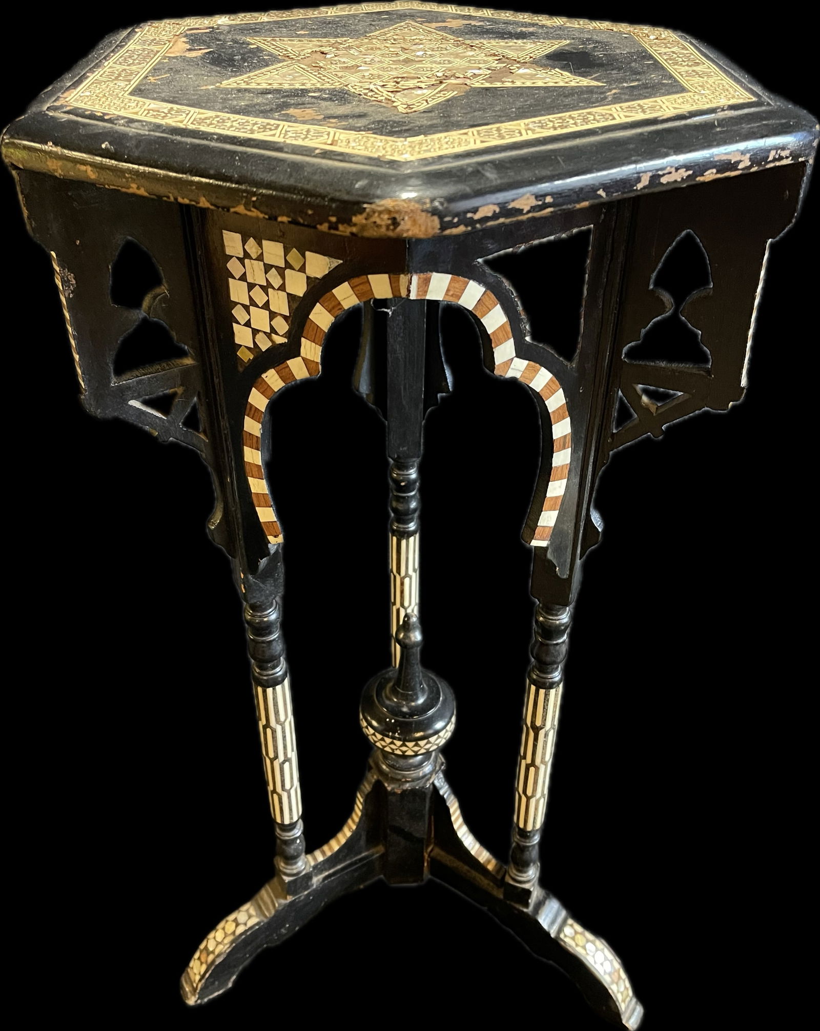 Incredible Late 19th Century Fancy Ornate Inlaid Mother Of Pearl Star Of David Plant Stand (1 of 10)