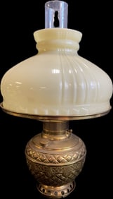 The Rochester Solid Brass Early Victorian Ornate Oil Lamp w/ Vaseline Glass Shade