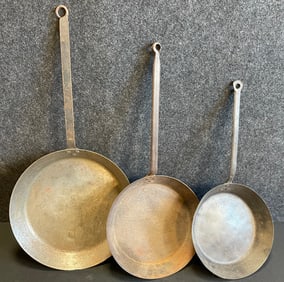 Antique Graduated Set 3 Wrought Iron Cooking Pans by Brown