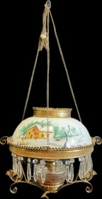 O & C CO Sirius Ornate Hanging Late 19th Century Oil Lamp Chandelier w/ Homestead Painted Scene