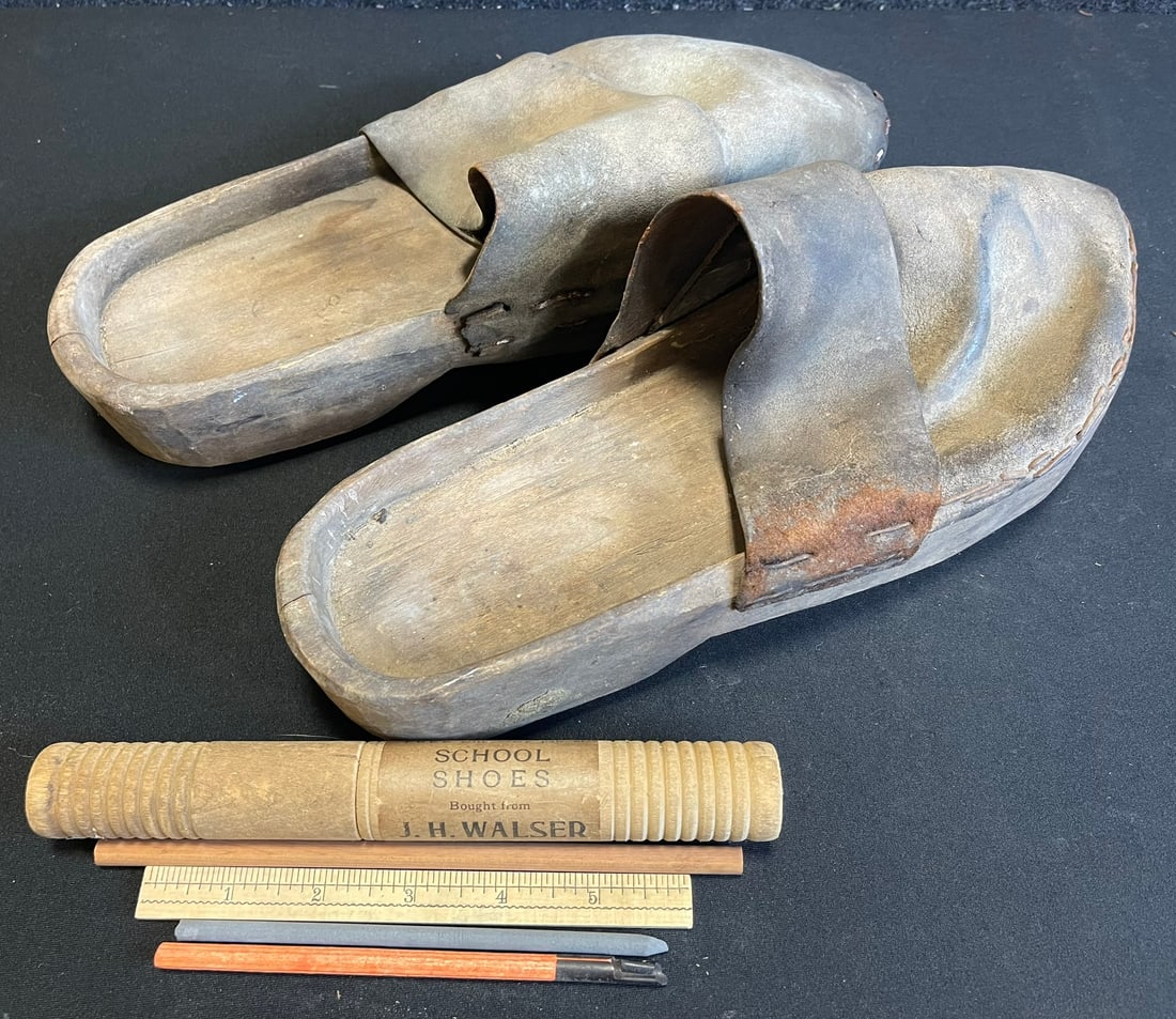 Mid 19th Century Leather & Wooden Carved Clog Shoe: They measure over 12.5" - Incredible patina. Lot also comes with a neat advertising for douglas shoes school pencil, ruler & chalk set.