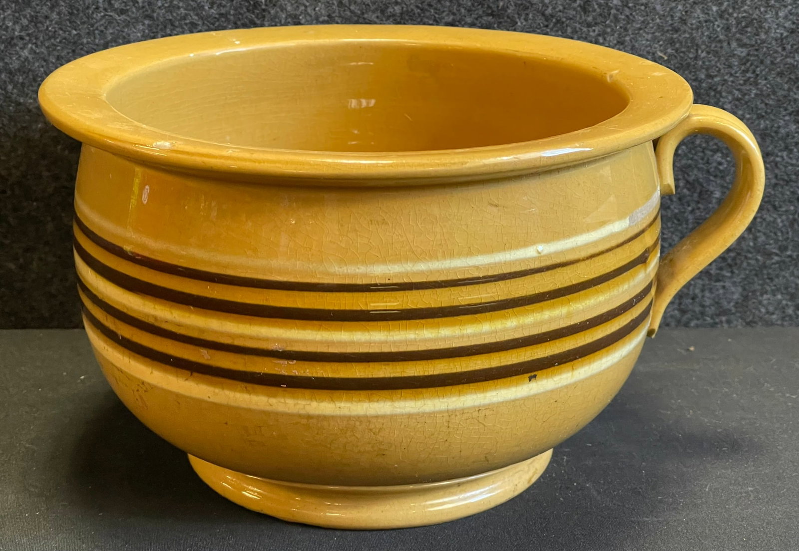 Wonderful 7 Brown & White Stripe Stoneware Mixing Bowl: 9.5" x 5" - has light wear and crazing.