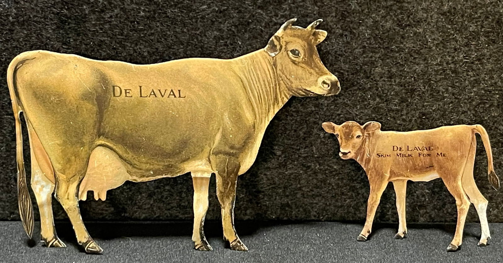 Pair Jersey Delaval Cow & Calf Tin Litho Advertising Souvenir Signs (1 of 6)