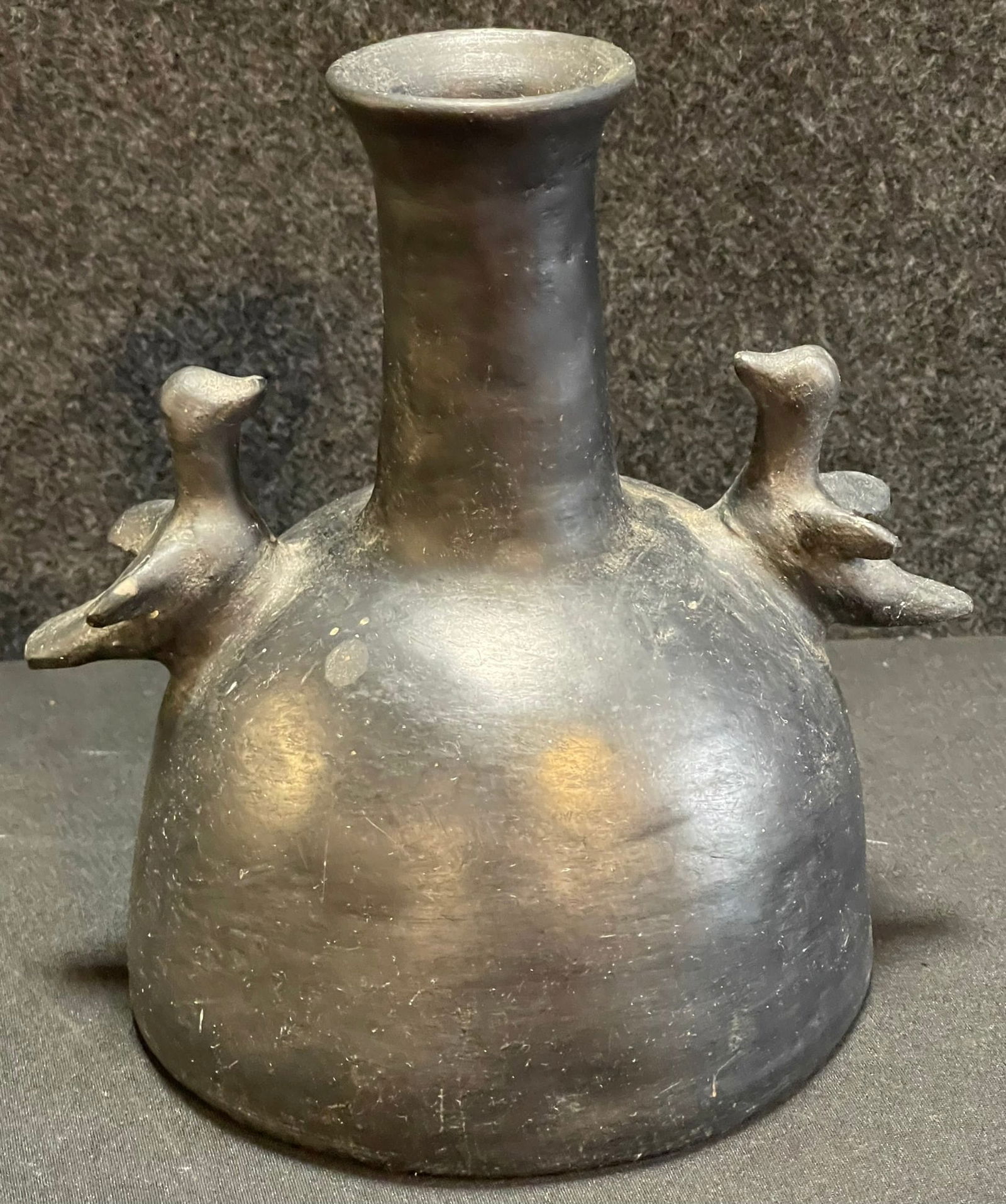 Antique Columbian Pottery Black Clay Candle Holder & Snuffer w/ Bird Motif (1 of 9)