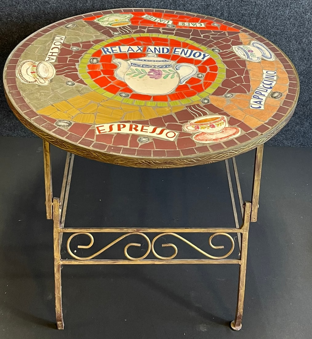 French Bistro Early Brass & Mosaic Tiled Café Latte Mocha Espresso Coffee Table (1 of 9)