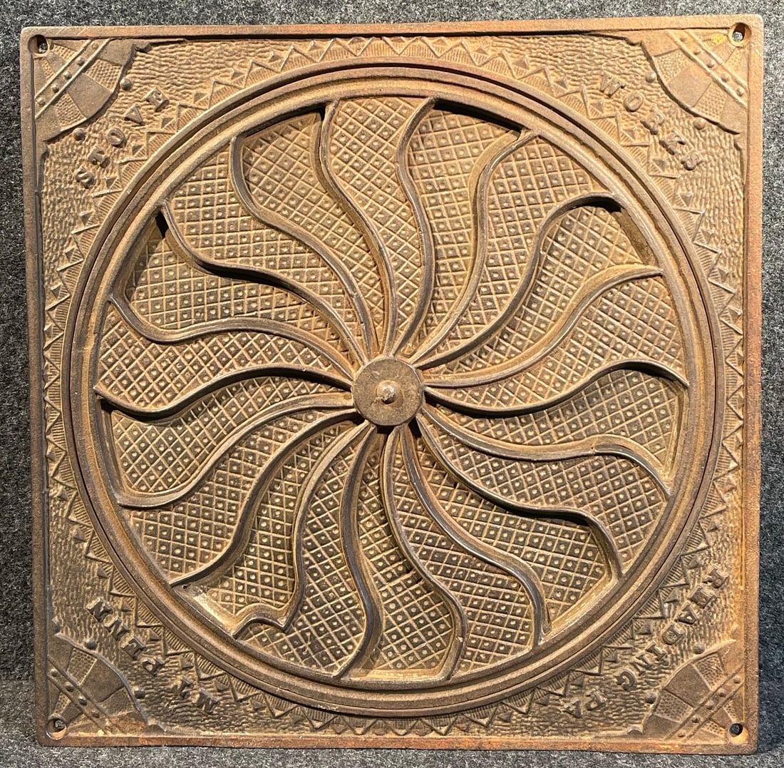 Antique Mt Penn Stove Works Reading PA Cast Iron Stove Grate: 12.25" x 12.25" - marked no 10 on back - 10" diameter