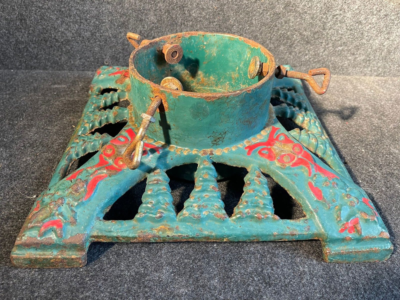 Antique Early 1900s Cast Iron Christmas Tree Stand w/ Bells, Pine Trees & Mistletoe (1 of 8)