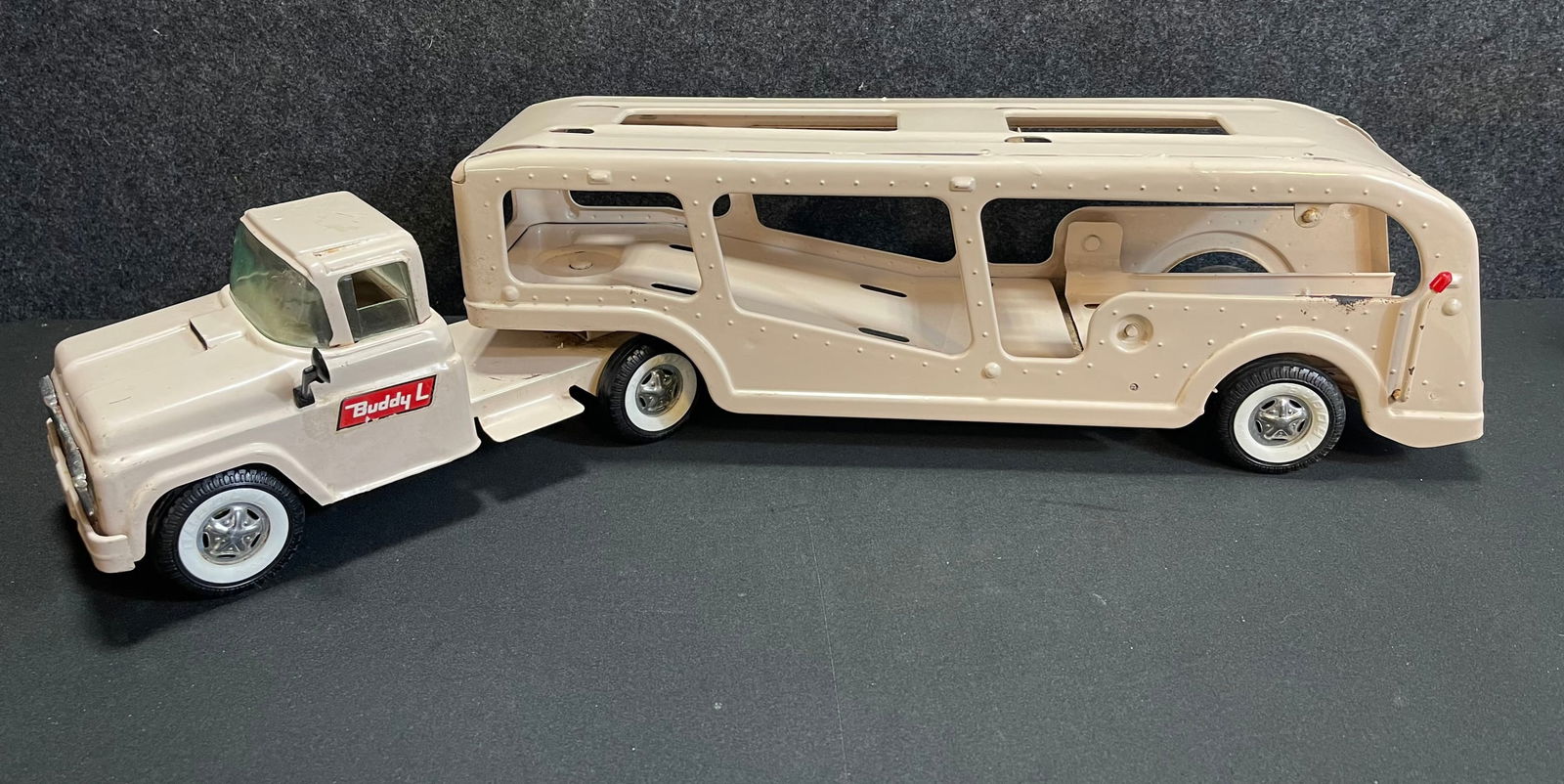 Buddy-L 1950s Pressed Steel Car Transporter: 27.25" x 5.75" x 5" tall
