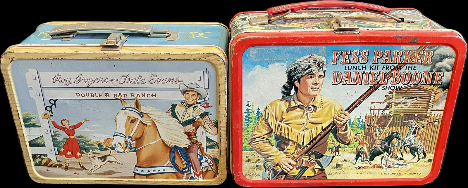 Pair 1950s Cowboy Western Tin Lunch Boxes Daniel Boone & Roy Rogers Dale Evans (1 of 18)