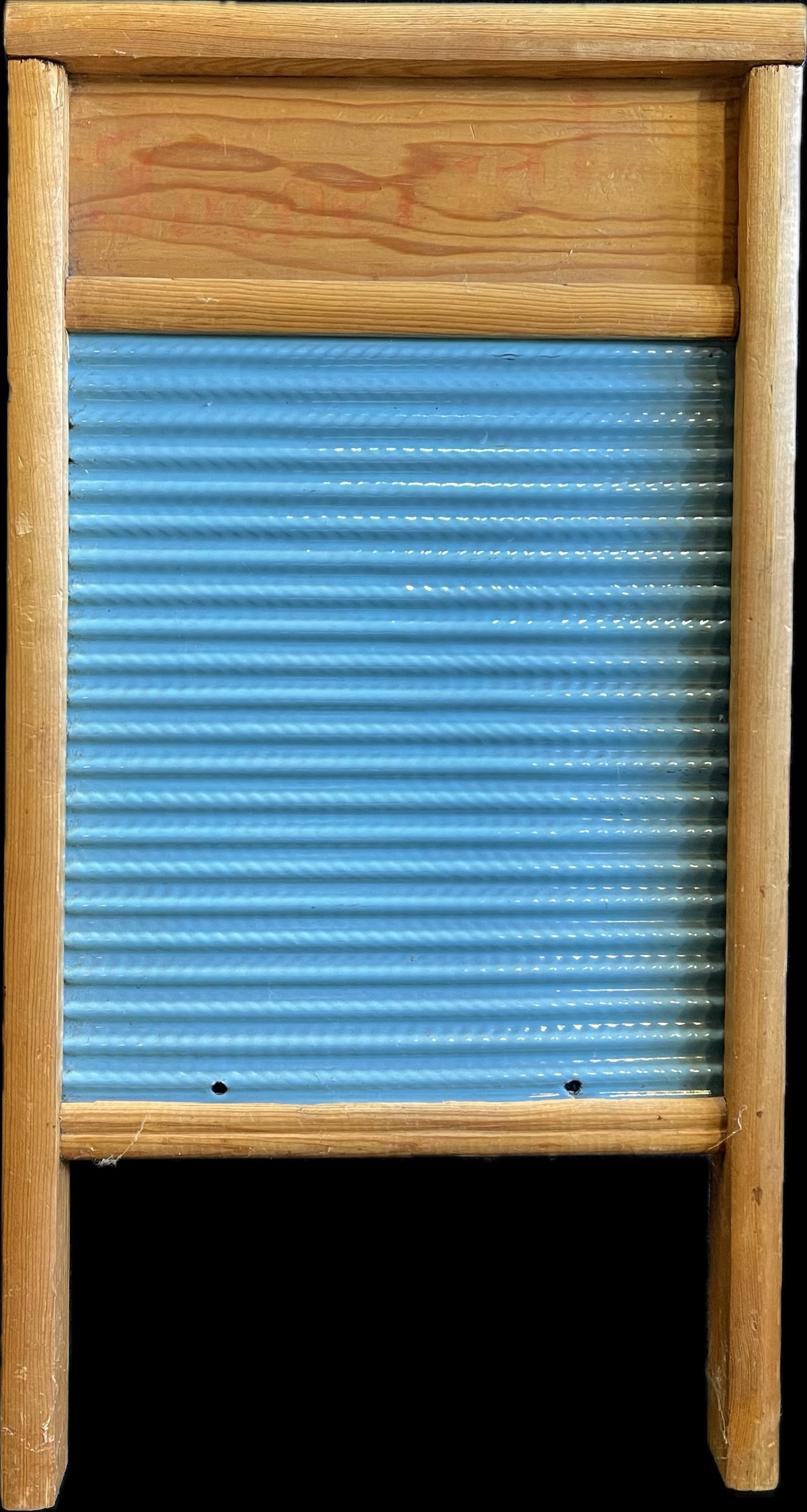 Early 1900s Robins Egg Blue Graniteware Washboard: 12.5"x 2" x 23.5" - stenciling has faded.