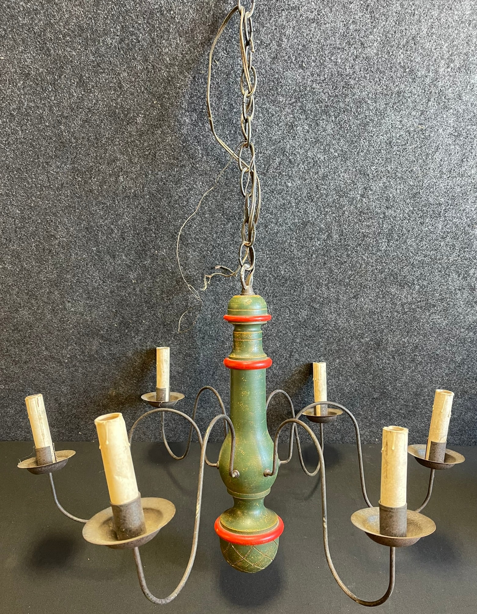 Wonderful 19th Century Hand Painted 6 Bulb Hanging Chandelier: 26" x 17" w/out chain