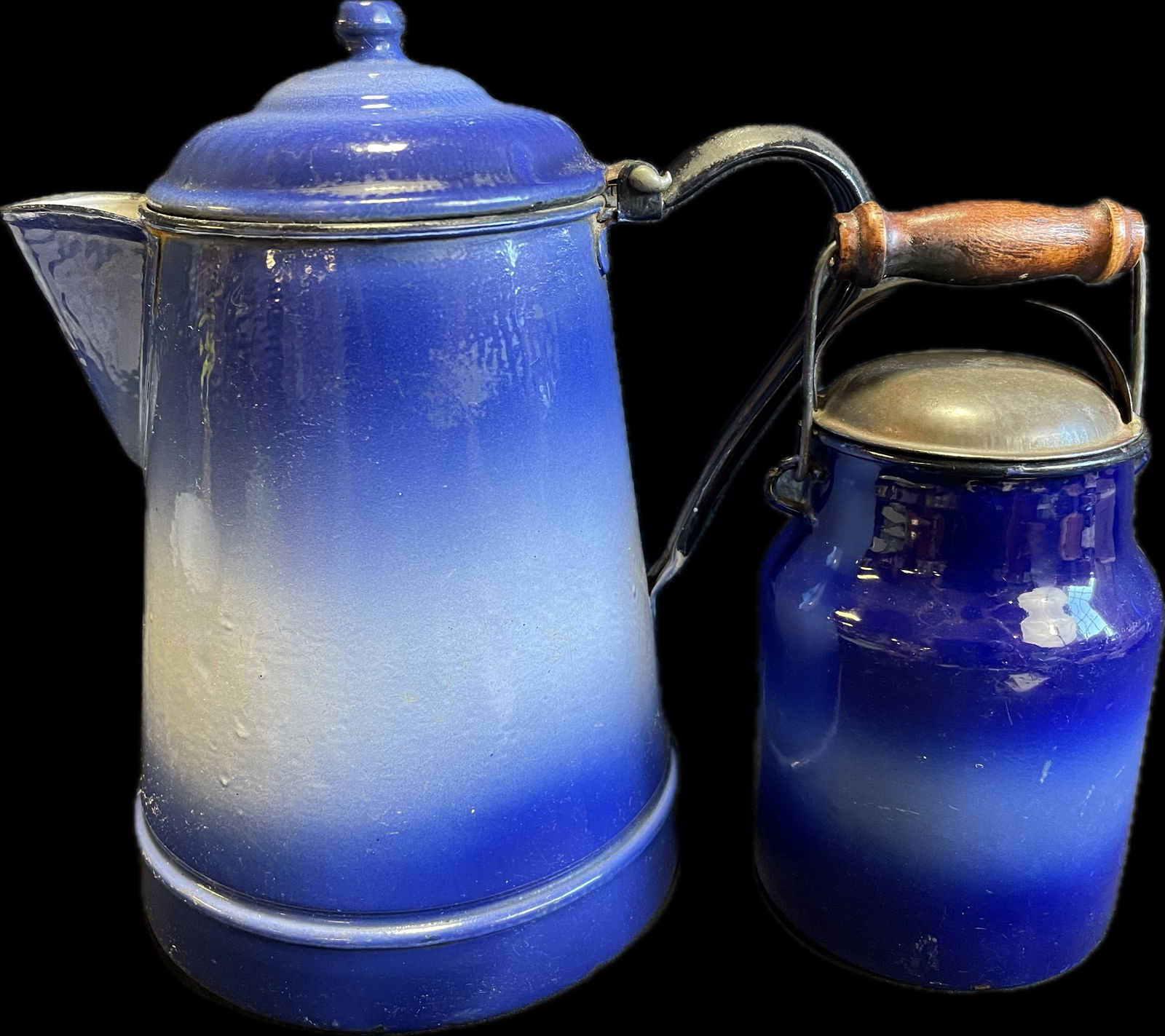 Great Original Pair Blue Enamelware Coffee Pot & Milk Pail w/ Lid (1 of 13)