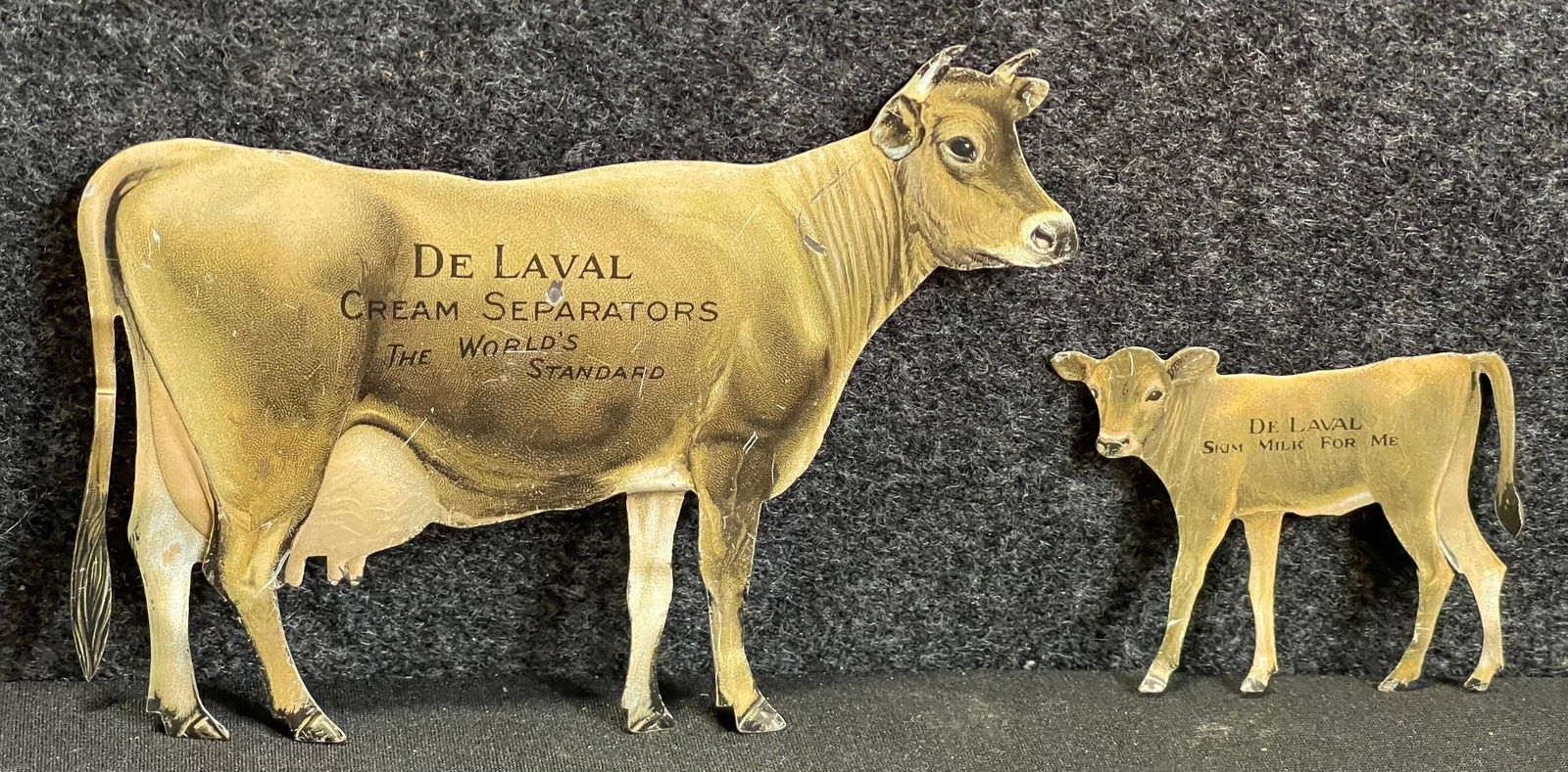 Antique Pair Tin Litho Jersey DeLaval Cow & Calf Souvenir Signs (1 of 6)