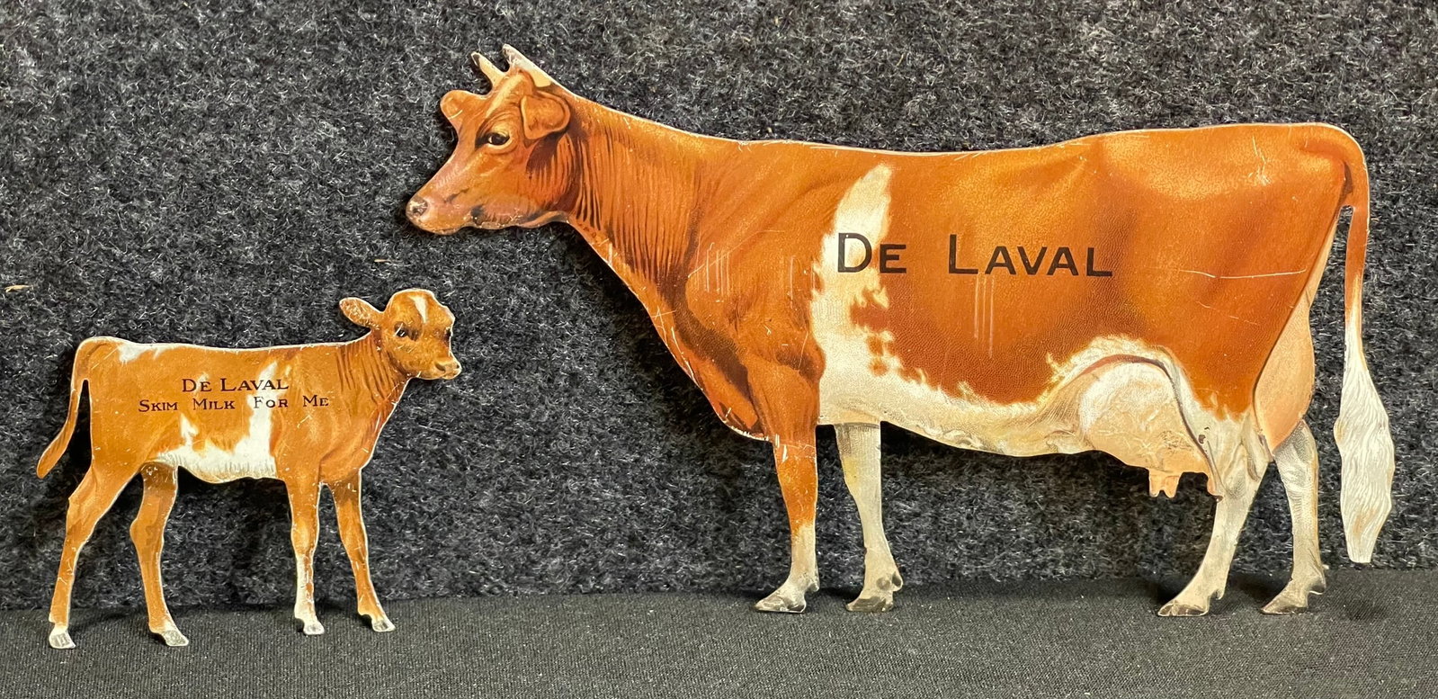 Antique Pair Tin Litho Guernsey DeLaval Cow & Calf Souvenir Signs: Standard size.