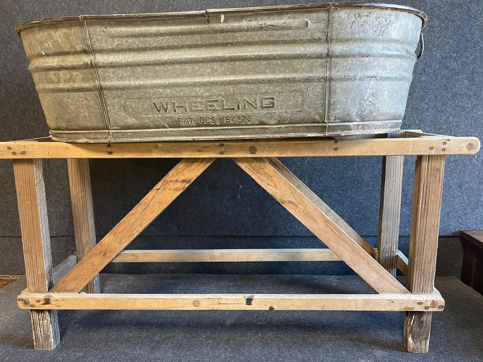 Antique Wheeling Large Galvanized Washtrub w/ Wooden Stand (1 of 10)