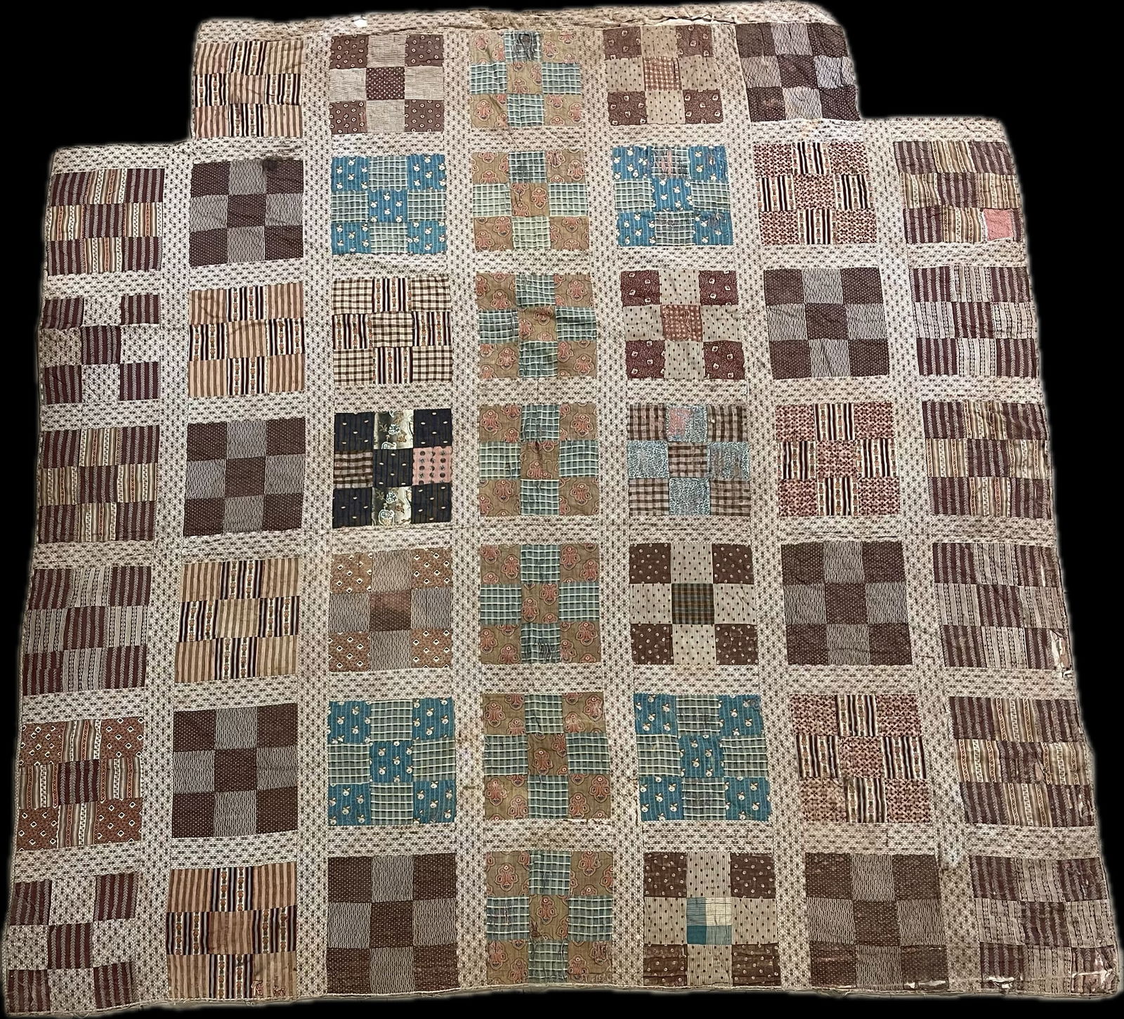 Pair Original 19th Century Quilts w/ Great Pattern & 9 Patch Variant (1 of 17)