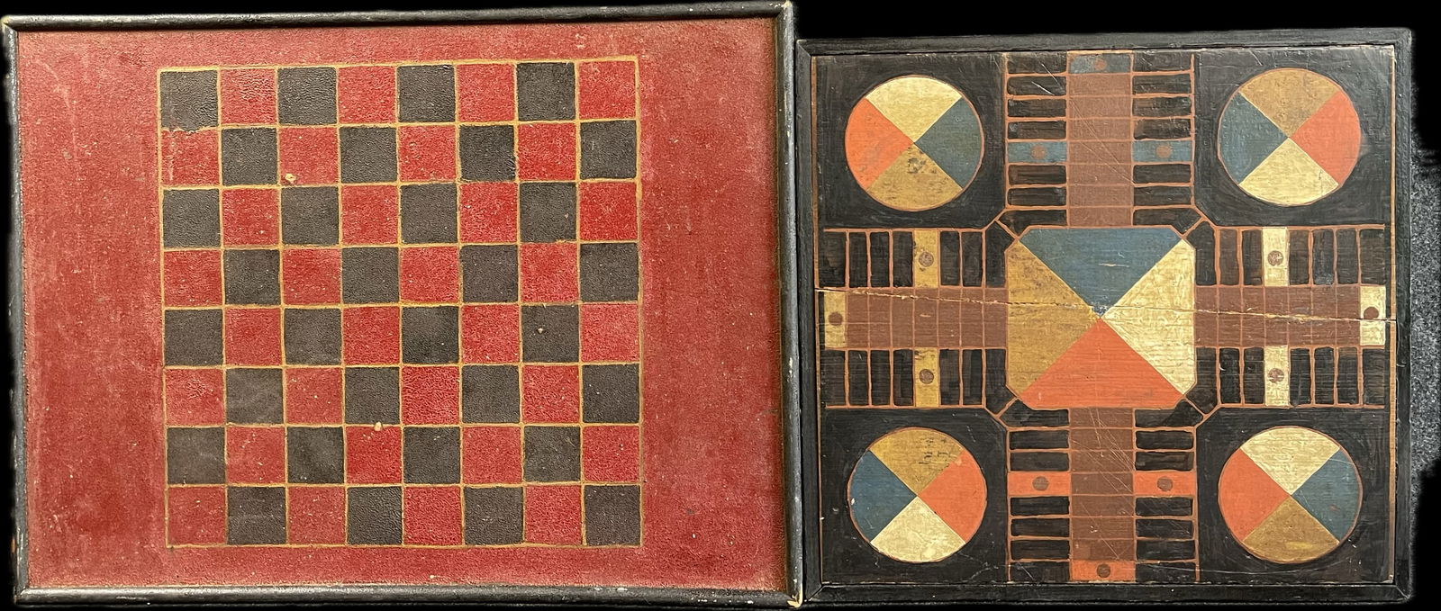 Pair 19th Century Game Boards Masonite Checkers & Wonderful Painted Parcheesi Board (1 of 15)