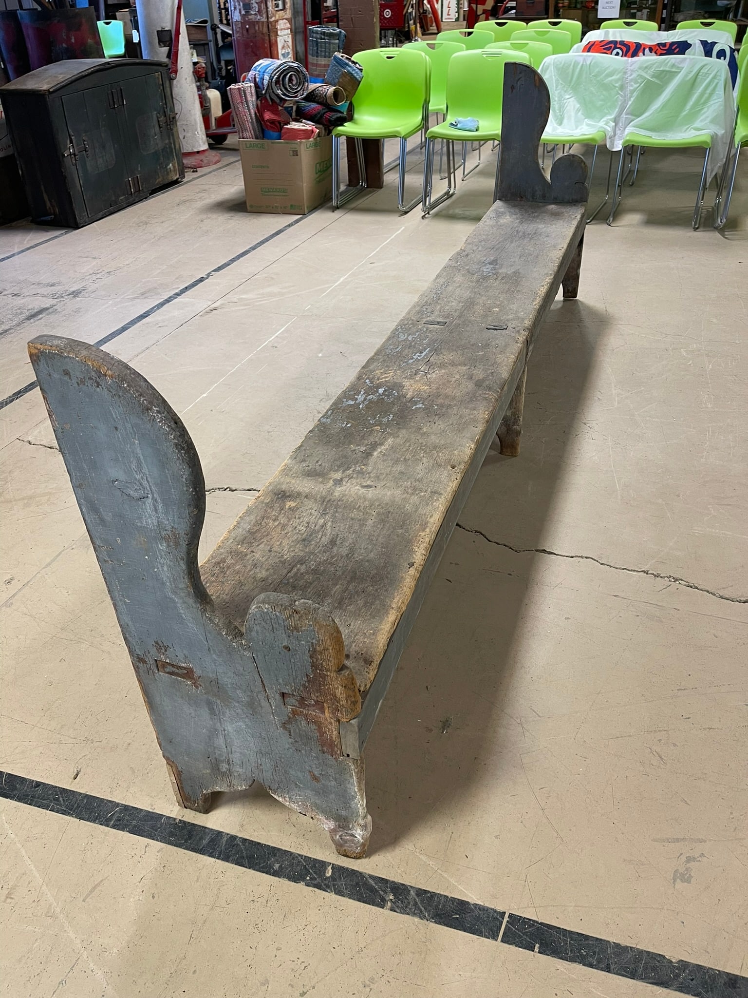 Antique 19th Century Blue Painted 9' Mortised Tendon Open Back Bench (1 of 10)