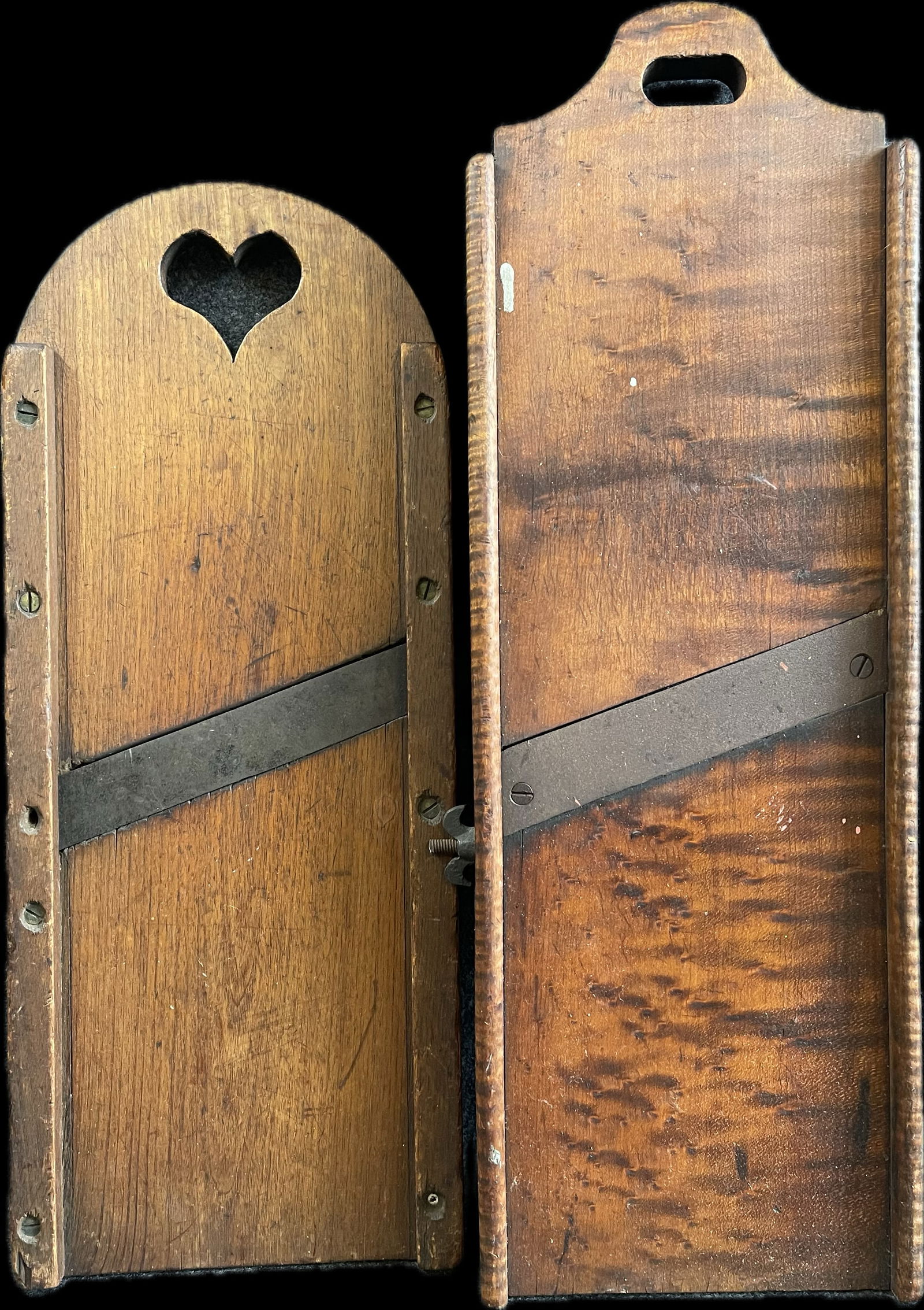 Pair 19th Century Slaw Cutter Boards w/ Heart Cutout & Tiger Maple (1 of 11)