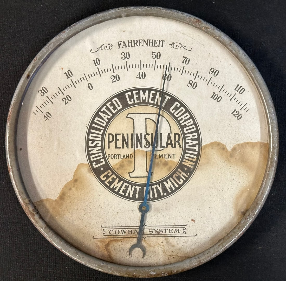 Peninsular Portland Cement Round Thermometer Cement City MI: 9.5" diameter