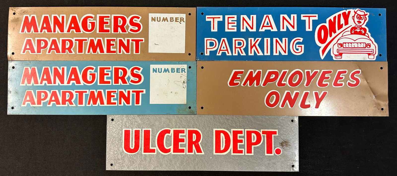 Lot 5 1950s Tin Metal Managers Apt Ulcer Dept Tenant Parking Signs (1 of 5)