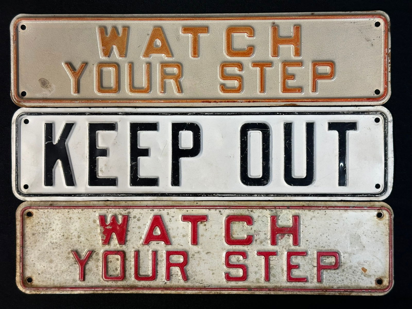 Lot 3 Watch Your Step & Keep Out Tin Embossed 1950s Signs (1 of 4)