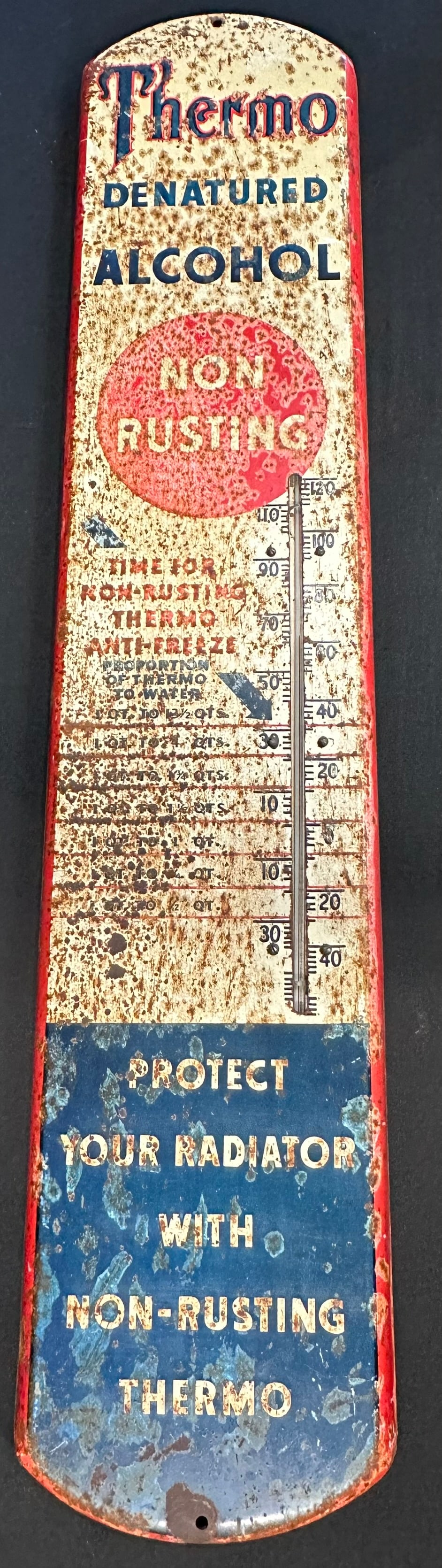 Thermo Denatured Alochol Painted Metal 39" Anti Freeze Advertising Thermometer: Circa 1930s. 38.5" x 8" - light wear and rust as shown.