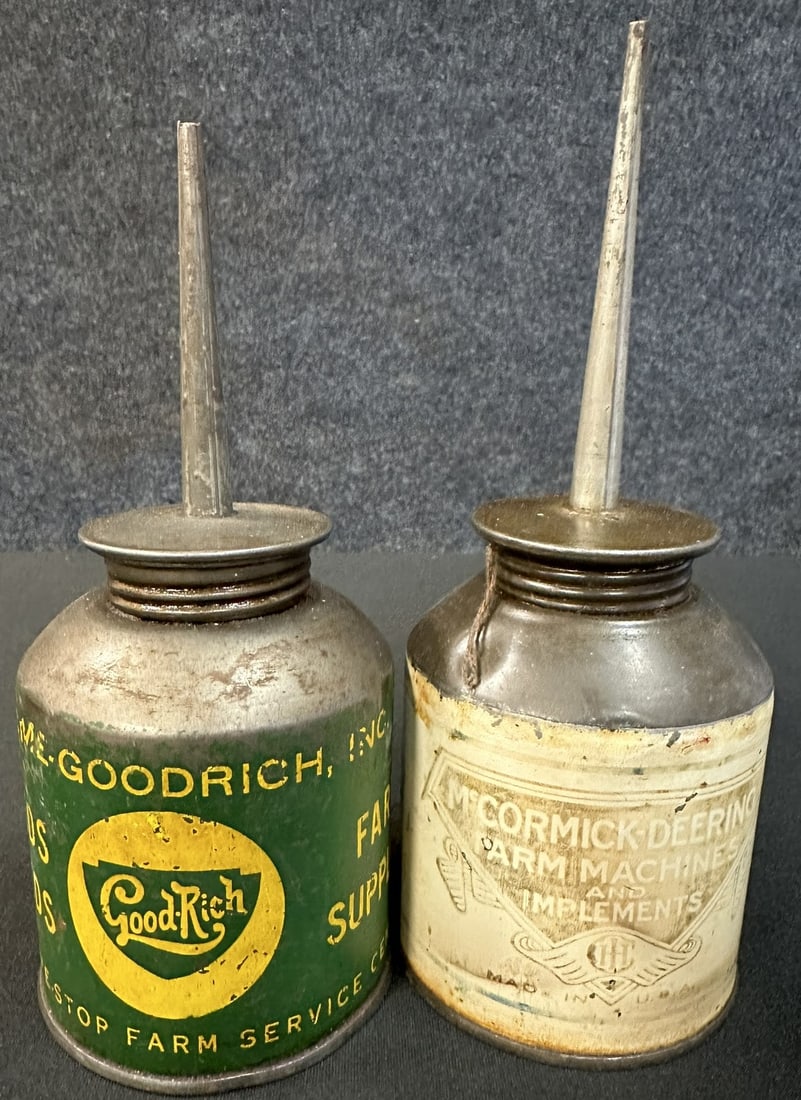 Original Pair 1920s-30s Farm Oilers Good-Rich & McCormick Deering: 3" diameter x 7" tall