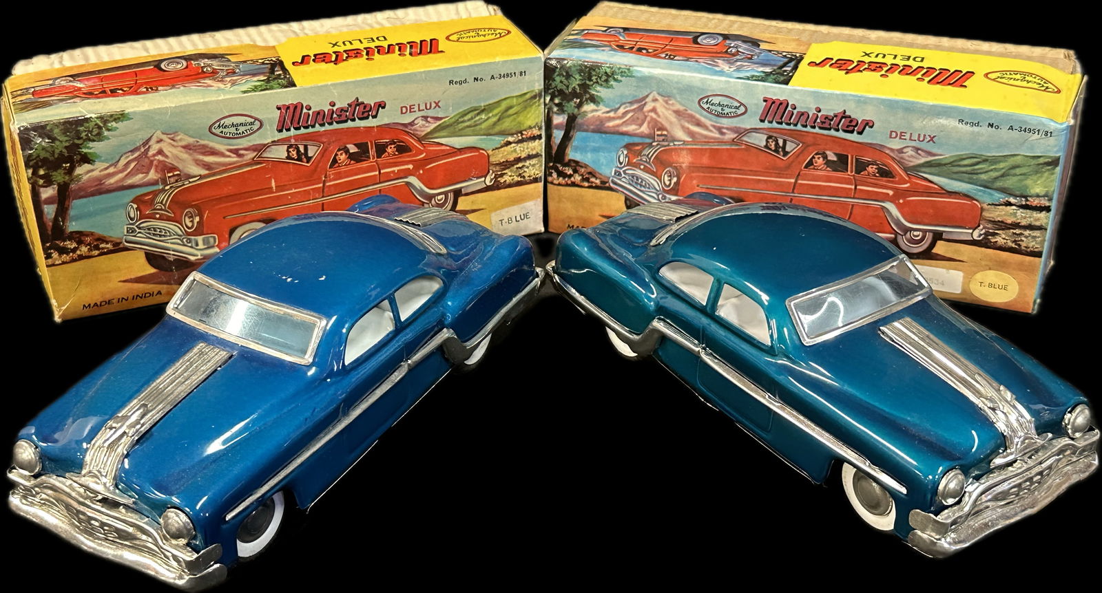Pair Teal Blue Tin Friction Minister Original 50s 60s Toy Car (1 of 4)