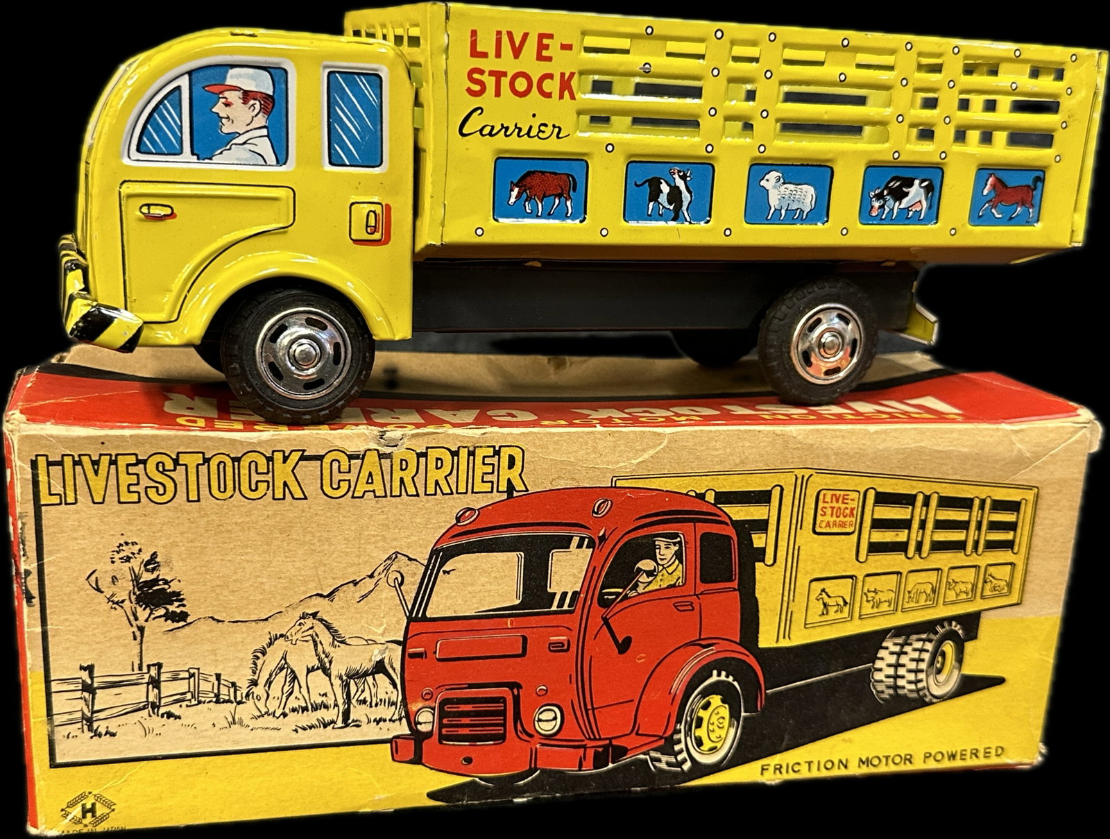 1950s Live Stock Carrier Tin Friction Farm Truck w/ Original Box Made In Japan: Box 9.5" x 3.75" x 3.75" - toy 9" x 3.25" x 3.5"