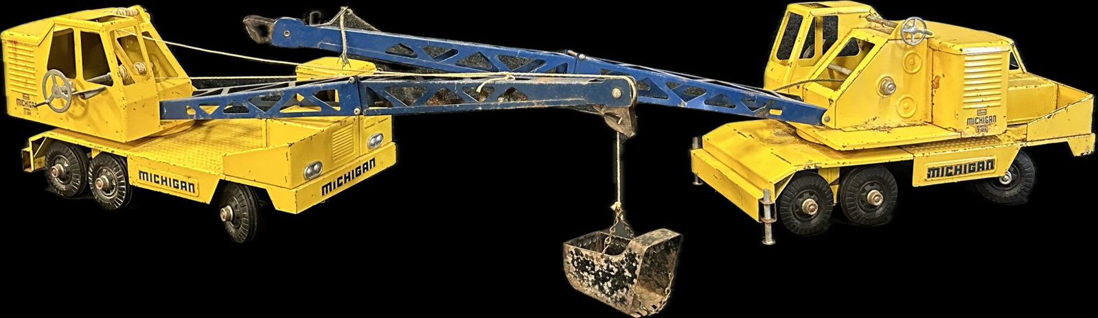 Pair Michigan Model T-24 Clark Equipment Nylint Pressed Steel Cranes: 30" x 6.25" x 8.5" and 16.25" x 7" x 8.25"