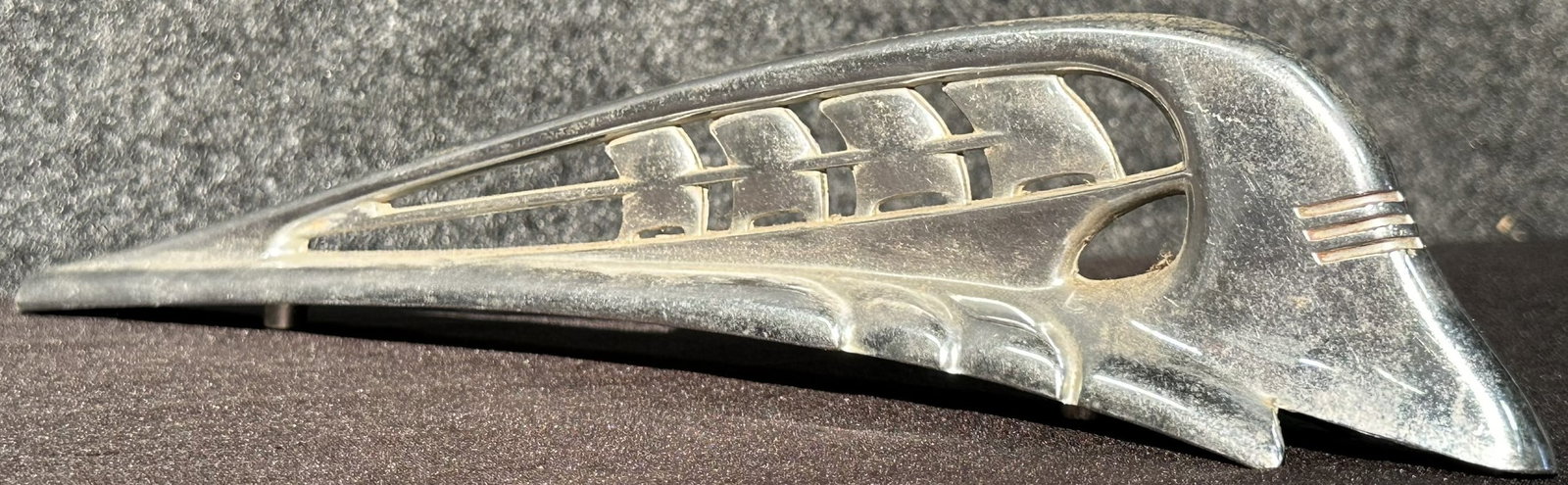 1939 Plymouth "Full Sail" Hood Ornament High Grade: High grade condition. 10.75" x 1.25" x 2.25" tall